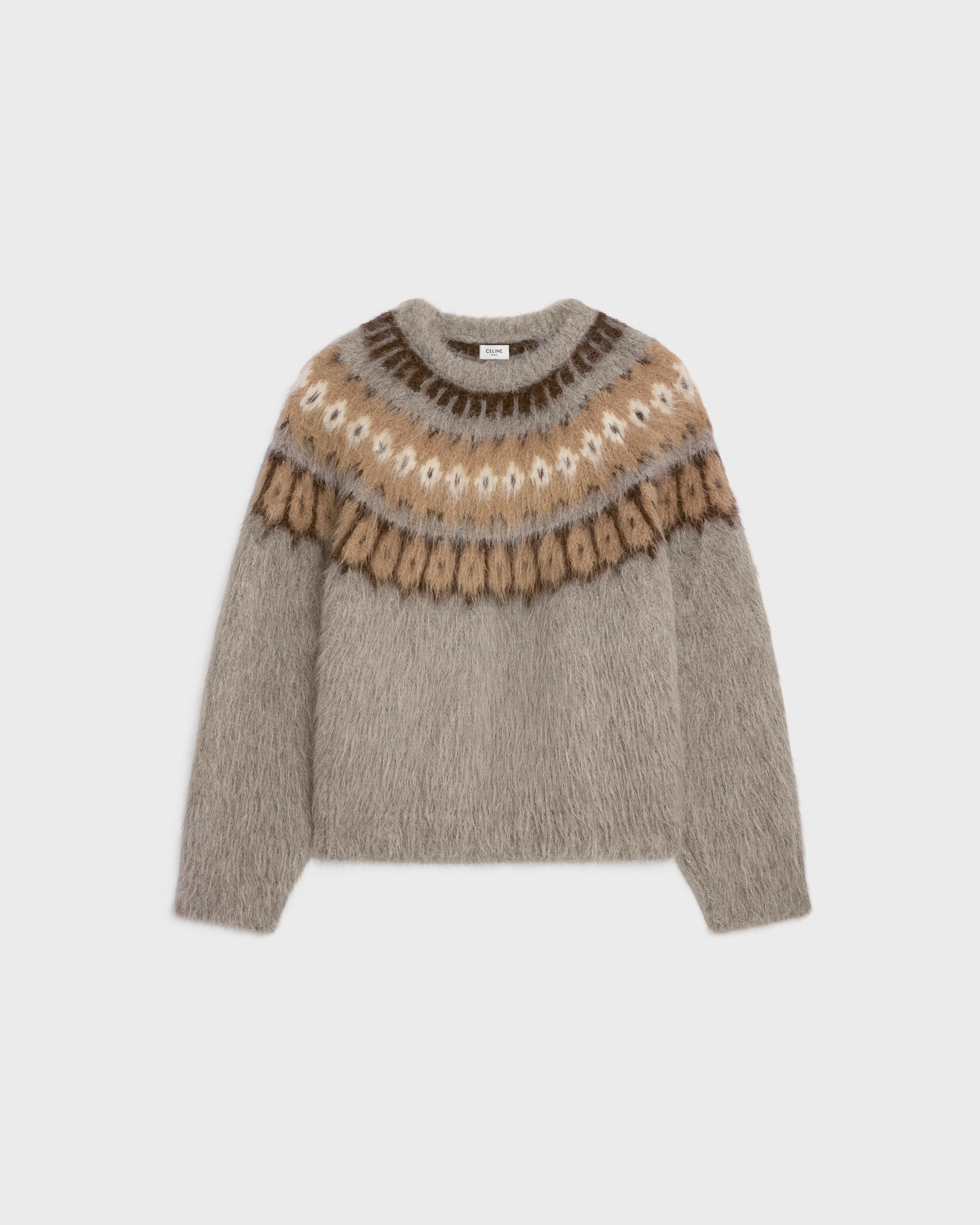 Celine Crew Neck Sweater In Brushed Fair Isle Alpaca Wool Beige Brun