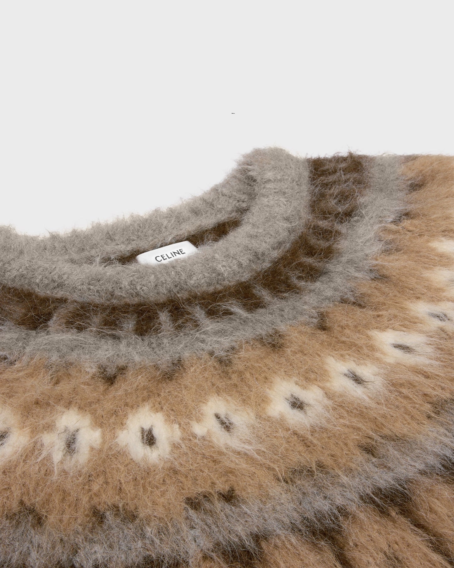 Celine Crew Neck Sweater In Brushed Fair Isle Alpaca Wool Beige Brun