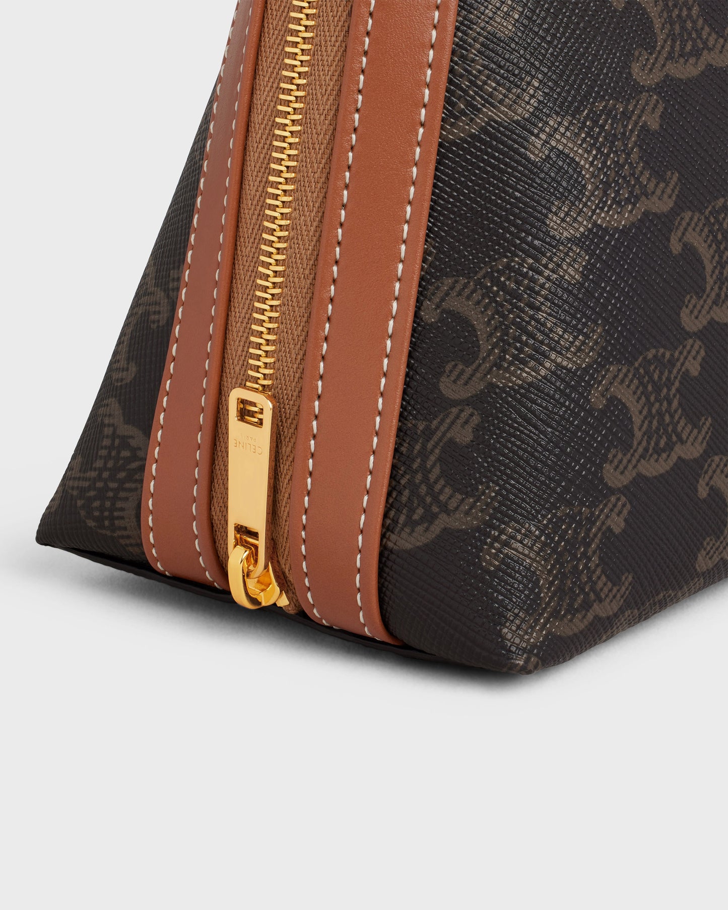 Celine Medium Cosmetic Pouch In Triomphe Canvas Calfskin Brown