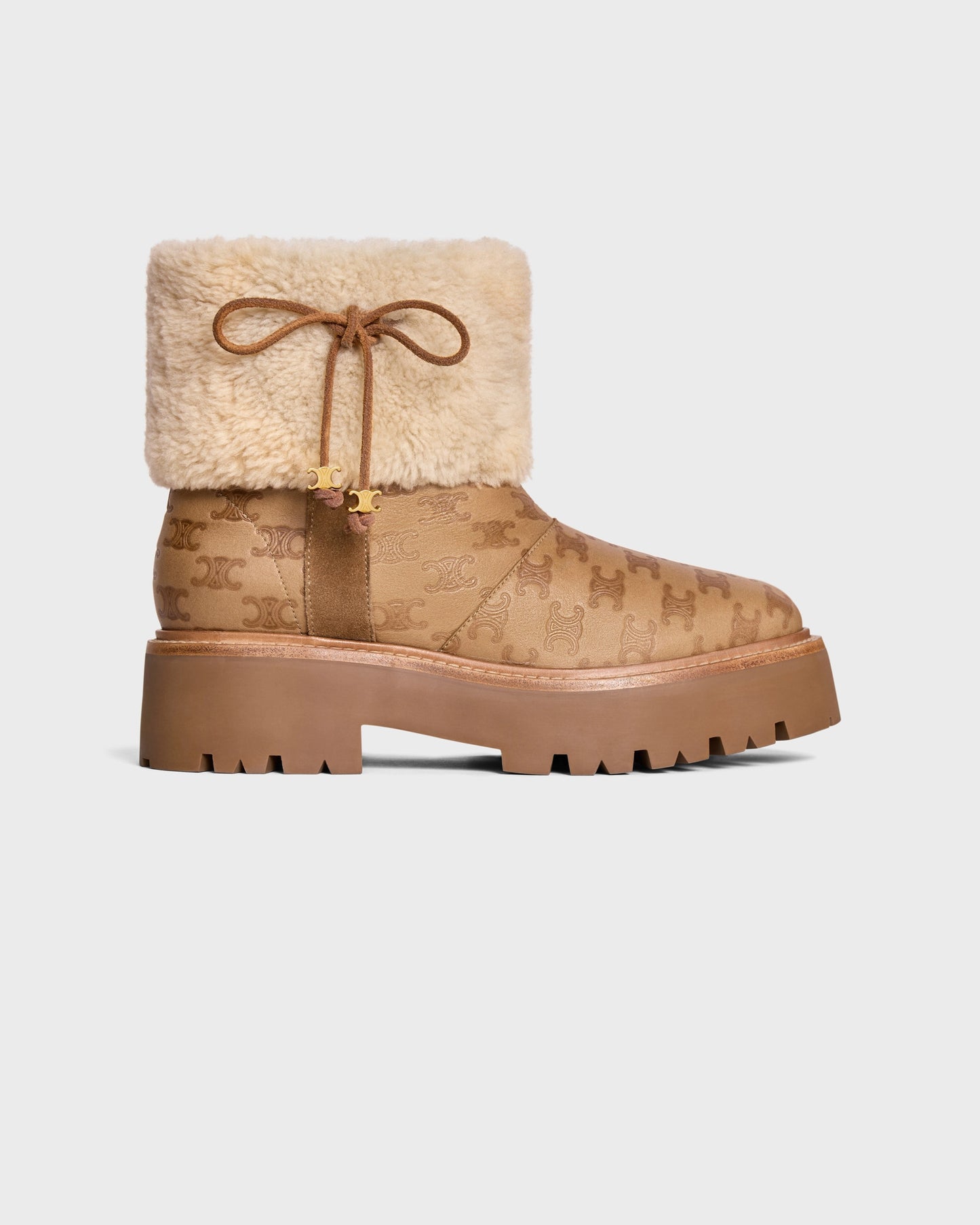 Celine Bulky Cropped Triomphe Boot In Suede Calfskin Shearling Cognac