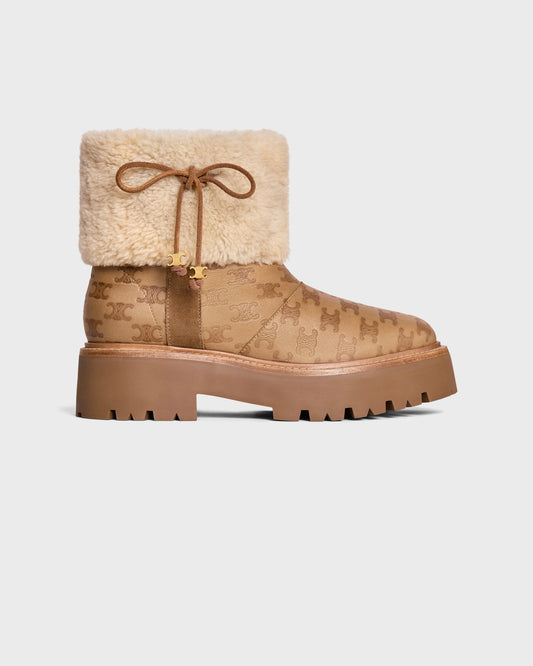 Celine Bulky Cropped Triomphe Boot In Suede Calfskin Shearling Cognac