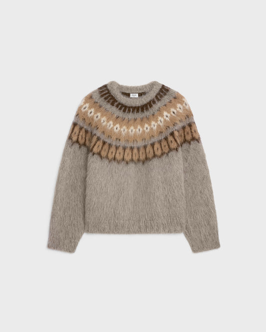 Celine Crew Neck Sweater In Brushed Fair Isle Alpaca Wool Beige Brun