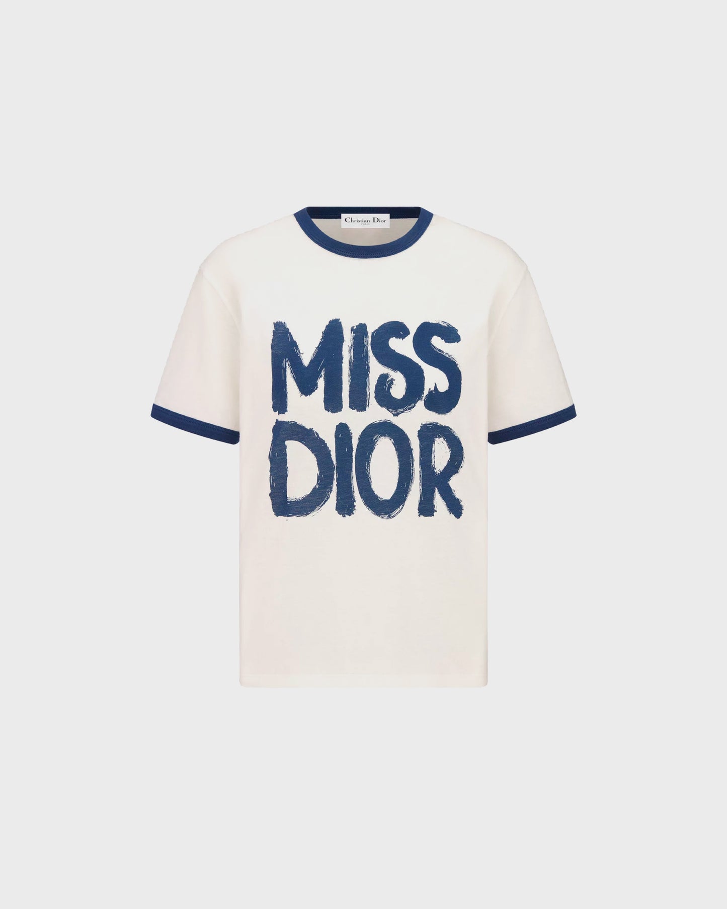 Dior T-Shirt White Cotton and Linen Jersey with Blue Miss Dior Graffiti Motif