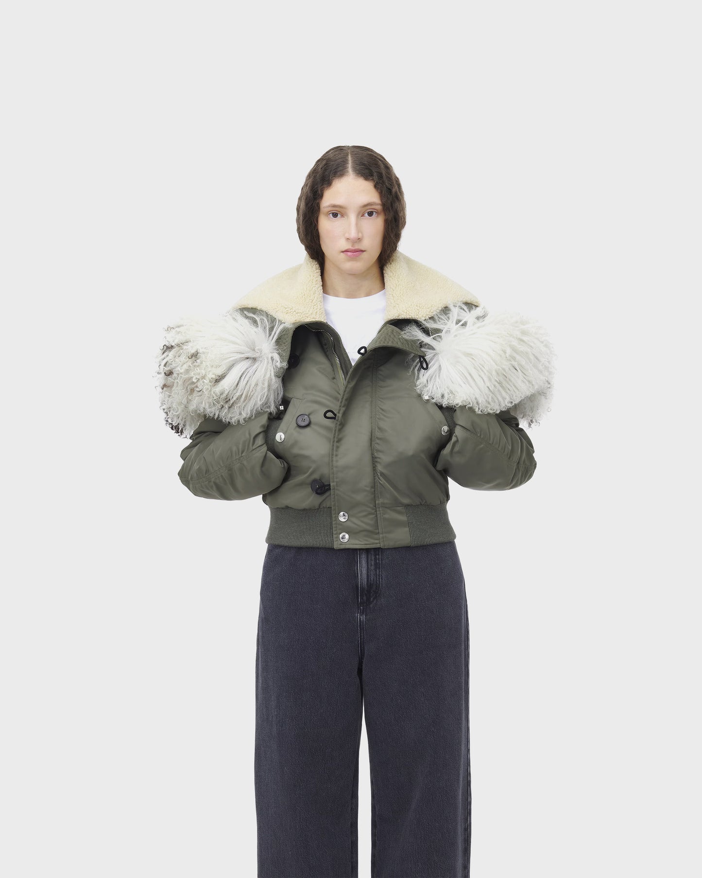 Alexander McQueen Shearling Collar Bomber Jacket in Khaki