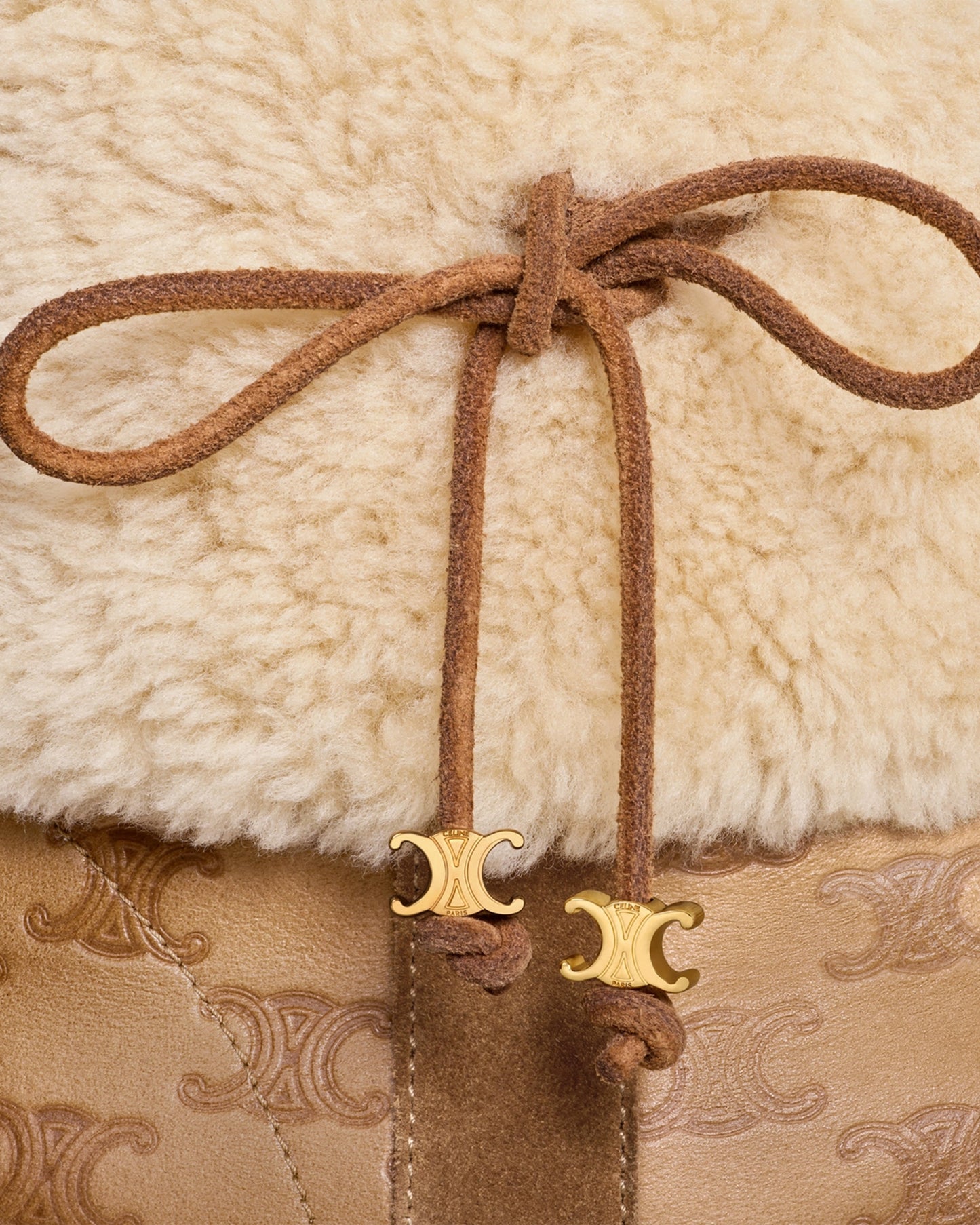 Celine Bulky Cropped Triomphe Boot In Suede Calfskin Shearling Cognac